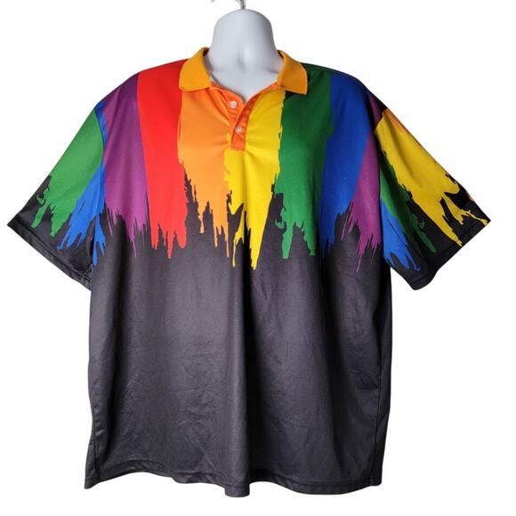 Aobute Rainbow Paint Drip Polo Shirt Mens XXL Colorful LGBTQ Pride Polyester - Picture 1 of 10